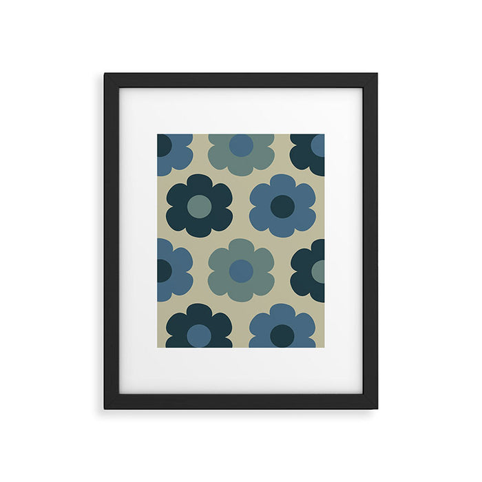 Such Cute Flowers Retro Floral Pattern in Muted Vintage Blue and Beige Framed Art Print Gallery Image 1