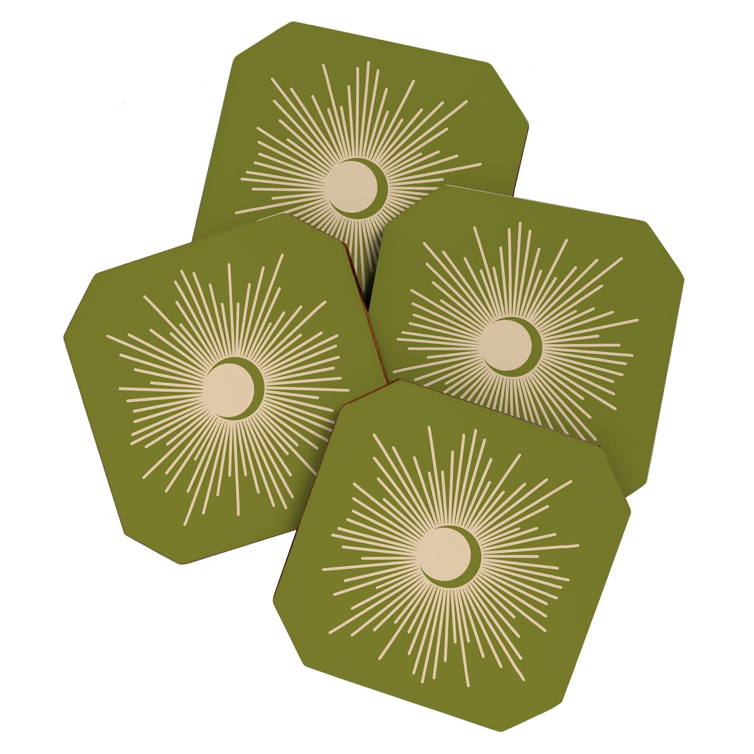 Sun and Moon 2 - Mid Century Modern Minimalism in Mid Mod Olive Green and Beige Coaster Gallery Image 1