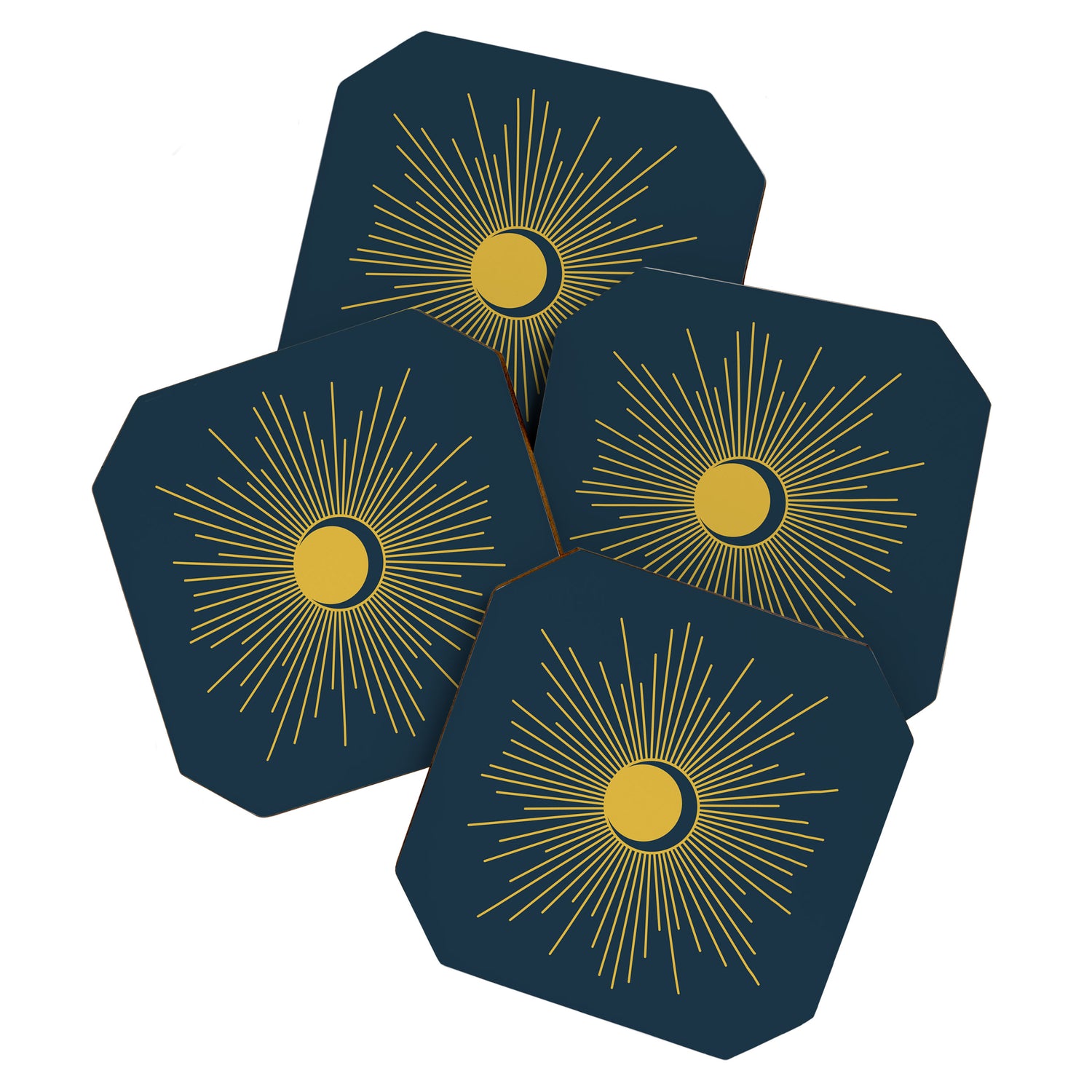 Sun and Moon - Mid Century Modern Minimalism in Light Mustard and Navy Blue Coaster Gallery Image 1