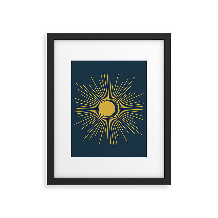 Sun and Moon - Mid Century Modern Minimalism in Light Mustard and Navy Blue Framed Art Print Gallery Image 1