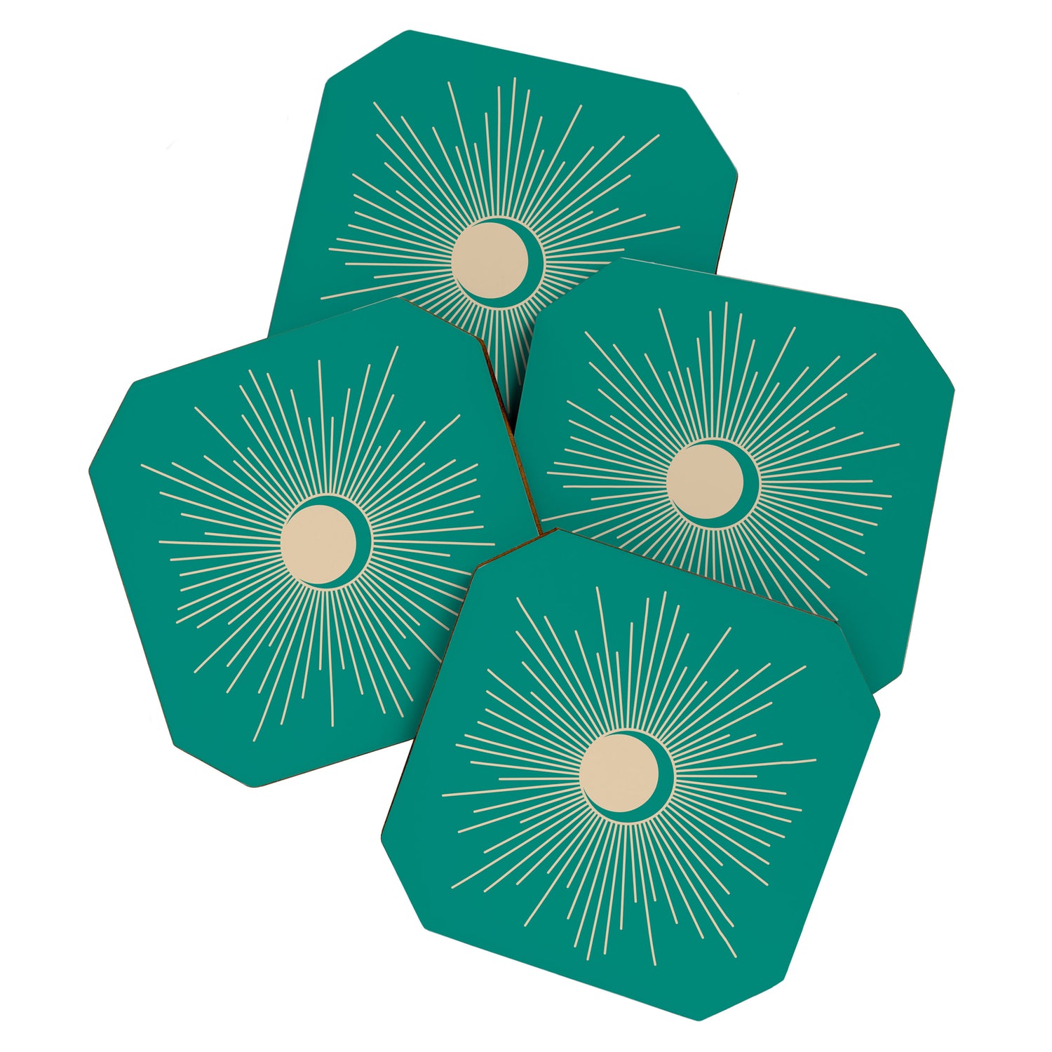 Sun and Moon - Mid Century Modern Minimalism in Mid Mod Teal and Beige Coaster Gallery Image 1