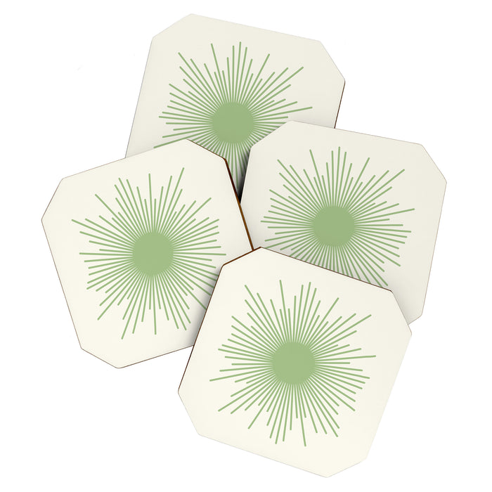 Sun - Mid Century Modern Minimalist Sun and Sun Rays in Light Sage Green & Cream Coaster Gallery Image 1