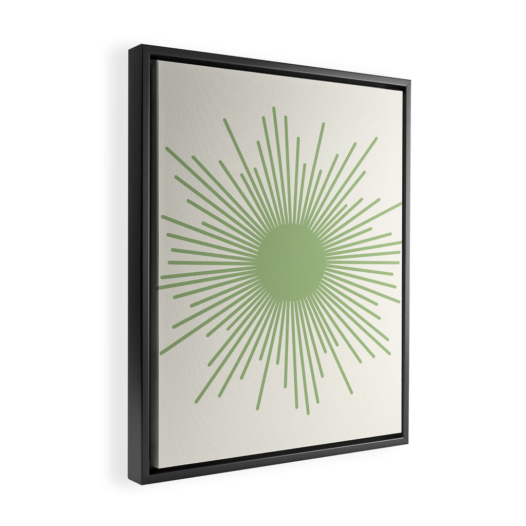 Sun - Mid Century Modern Minimalist Sun and Sun Rays in Light Sage Green & Cream Framed Canvas Print Gallery Image 2