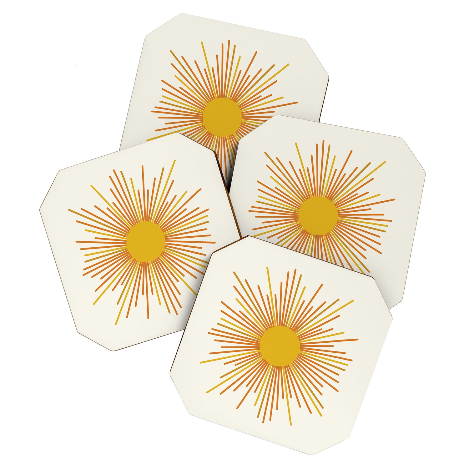 Sunburst Mid Century Modern Sun in Orange and Mustard on Light Cream Coaster Gallery Image 1