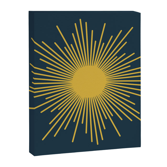 Sunburst - Minimalist Mid Century Modern Sun in Navy Blue and Light Mustard Yellow Canvas Print Gallery Image 1