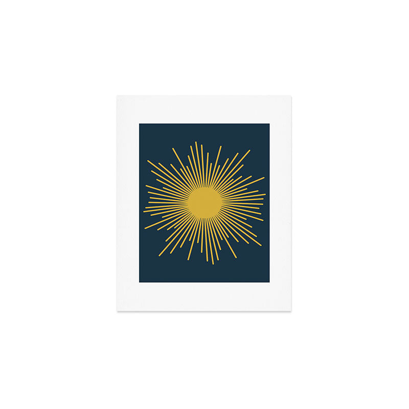 Sunburst - Minimalist Mid Century Modern Sun in Navy Blue and Light Mustard Yellow Art Print Gallery Image 1