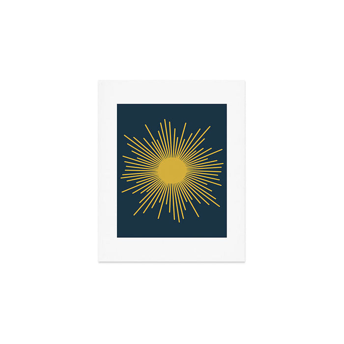Sunburst - Minimalist Mid Century Modern Sun in Navy Blue and Light Mustard Yellow Art Print Gallery Image 1