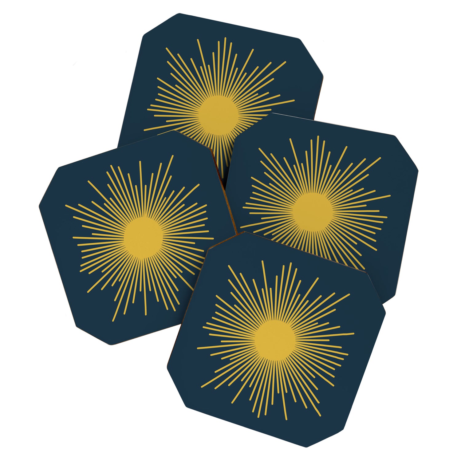 Sunburst - Minimalist Mid Century Modern Sun in Navy Blue and Light Mustard Yellow Coaster Gallery Image 1