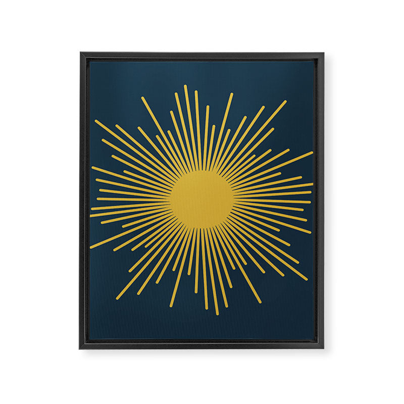 Sunburst - Minimalist Mid Century Modern Sun in Navy Blue and Light Mustard Yellow Framed Canvas Print Gallery Image 8