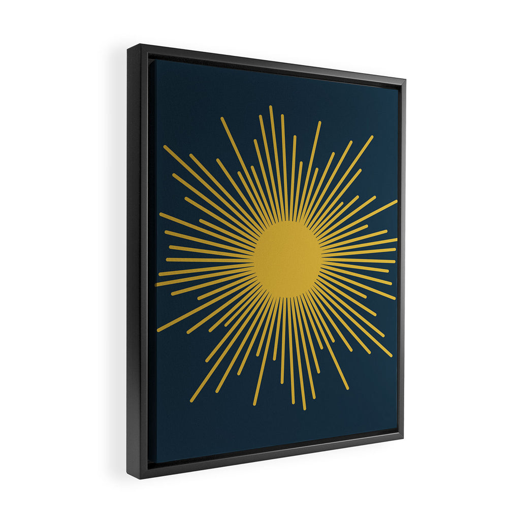 Sunburst - Minimalist Mid Century Modern Sun in Navy Blue and Light Mustard Yellow Framed Canvas Print Gallery Image 2