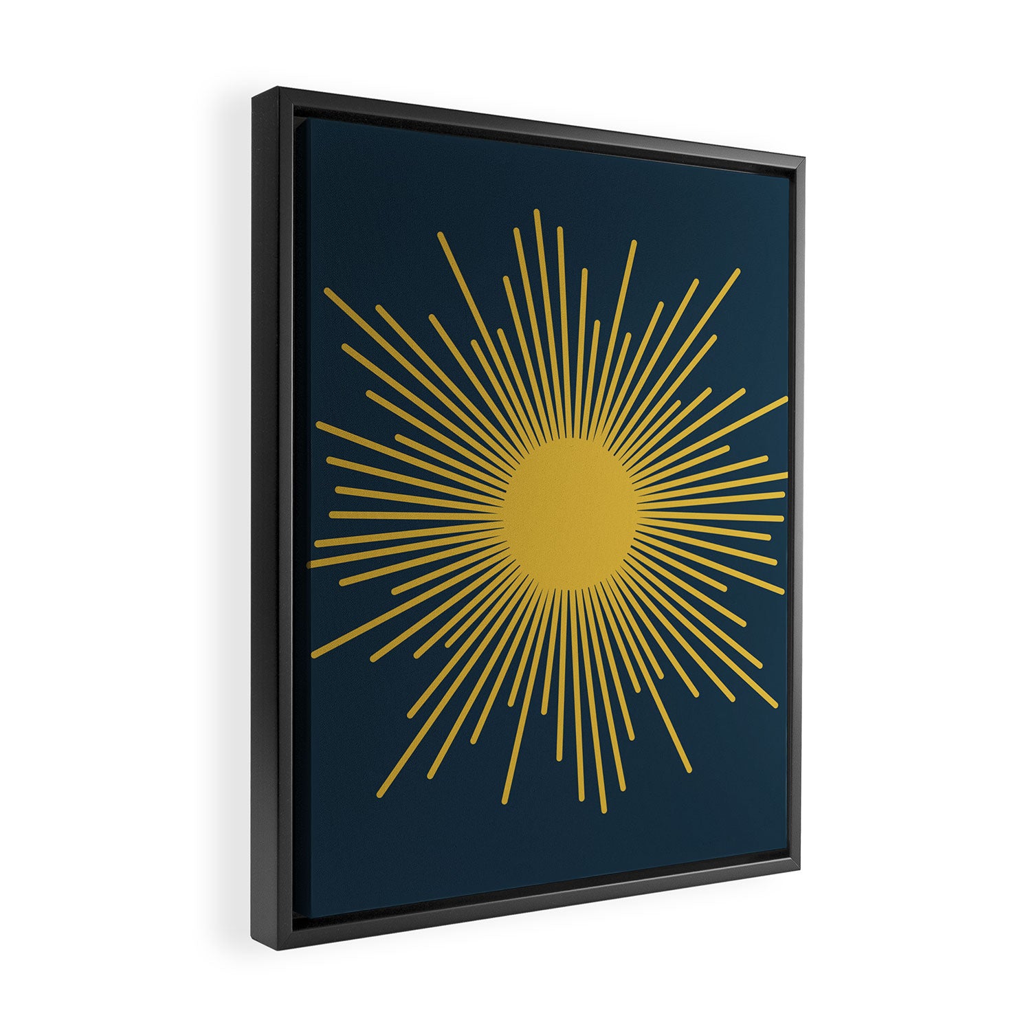Sunburst - Minimalist Mid Century Modern Sun in Navy Blue and Light Mustard Yellow Framed Canvas Print Gallery Image 2
