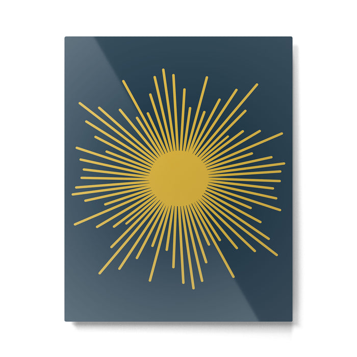 Sunburst - Minimalist Mid Century Modern Sun in Navy Blue and Light Mustard Yellow Metal Print Gallery Image 1