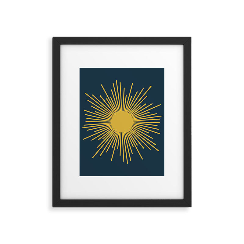Sunburst - Minimalist Mid Century Modern Sun in Navy Blue and Light Mustard Yellow Framed Art Print Gallery Image 6