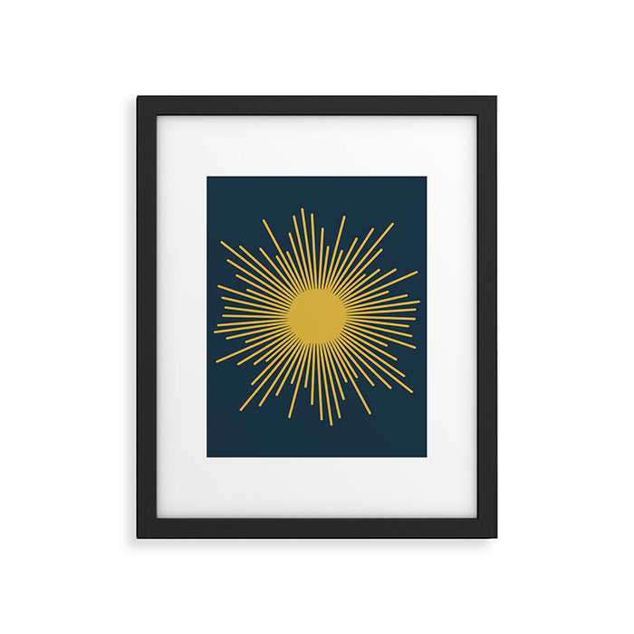 Sunburst - Minimalist Mid Century Modern Sun in Navy Blue and Light Mustard Yellow Framed Art Print Gallery Image 1
