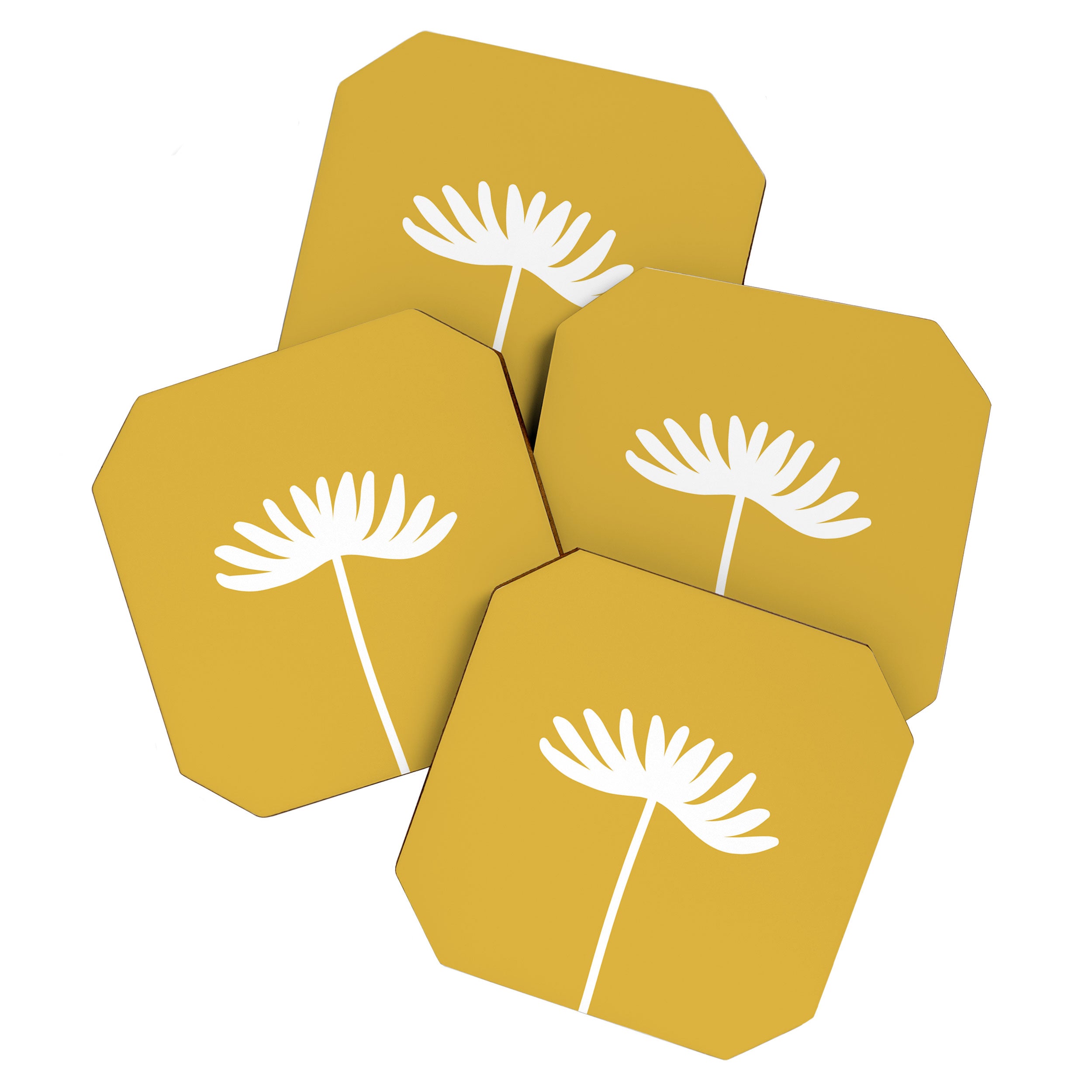 Tall Flower Minimalist Floral in White and Light Mustard Coaster Gallery Image 1
