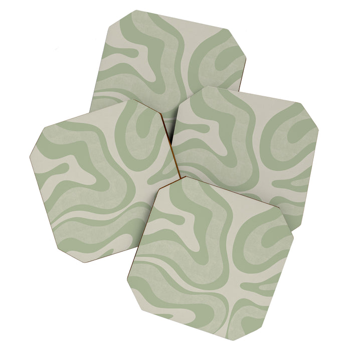 Textured Modern Liquid Swirl Abstract Pattern in Sage Coaster Gallery Image 1