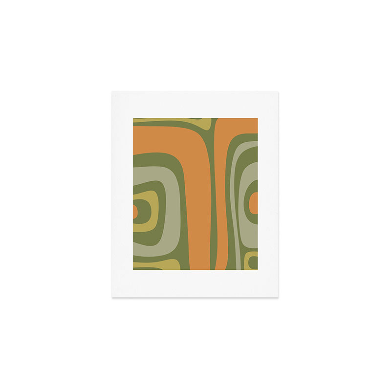Tiki Abstract Minimalist Mid-Century Modern Pattern in Retro Olive Green and Orange Tones Art Print Gallery Image 1