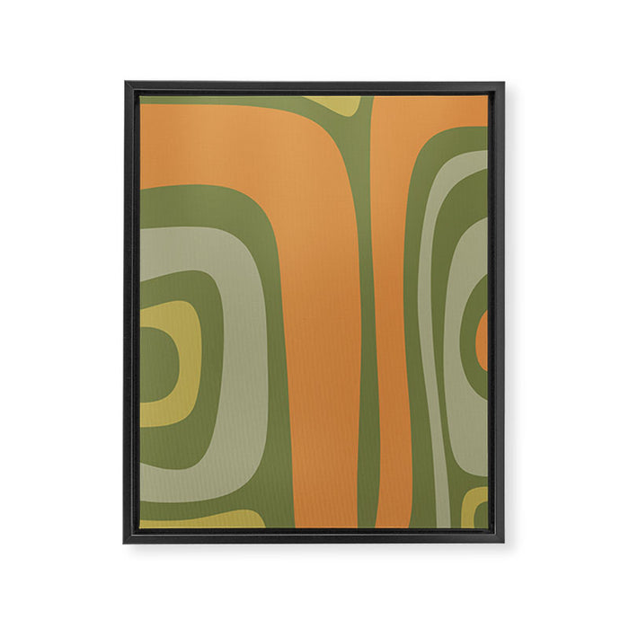 Tiki Abstract Minimalist Mid-Century Modern Pattern in Retro Olive Green and Orange Tones Framed Canvas Print Gallery Image 1