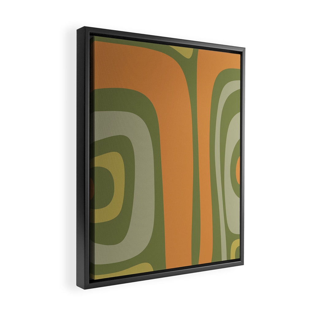 Tiki Abstract Minimalist Mid-Century Modern Pattern in Retro Olive Green and Orange Tones Framed Canvas Print Gallery Image 2