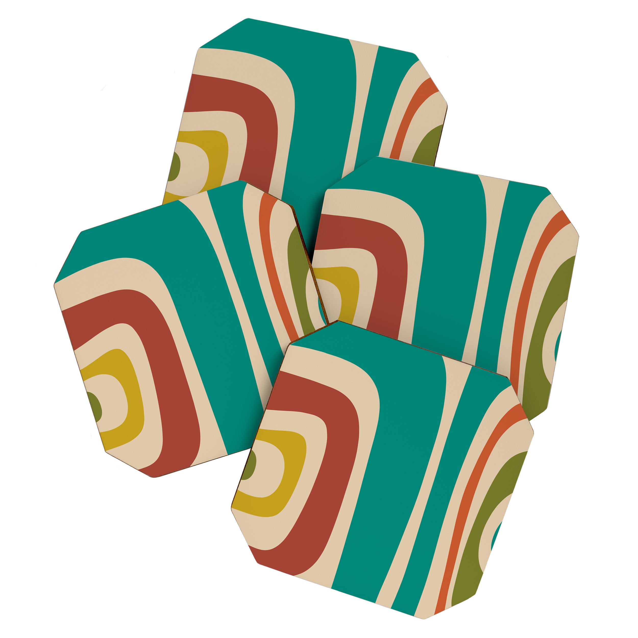 Tiki Minimalist Mid-Century Modern Abstract Pattern in Mid Mod Teal Orange Olive Mustard Beige Coaster Gallery Image 1