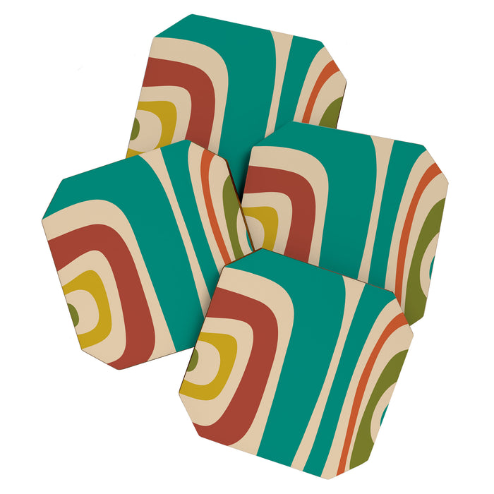 Tiki Minimalist Mid-Century Modern Abstract Pattern in Mid Mod Teal Orange Olive Mustard Beige Coaster Gallery Image 1