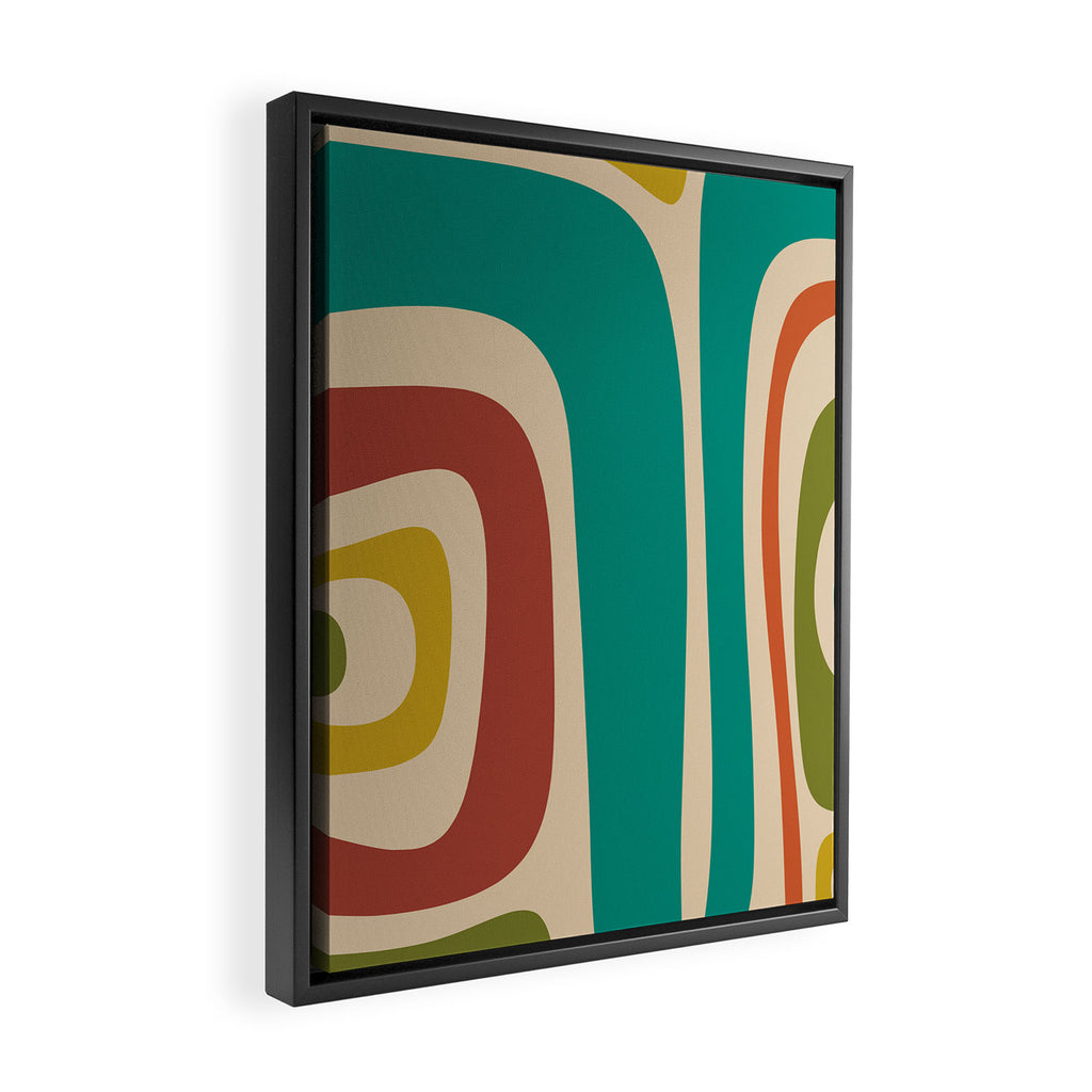 Tiki Minimalist Mid-Century Modern Abstract Pattern in Mid Mod Teal Orange Olive Mustard Beige Framed Canvas Print Gallery Image 2