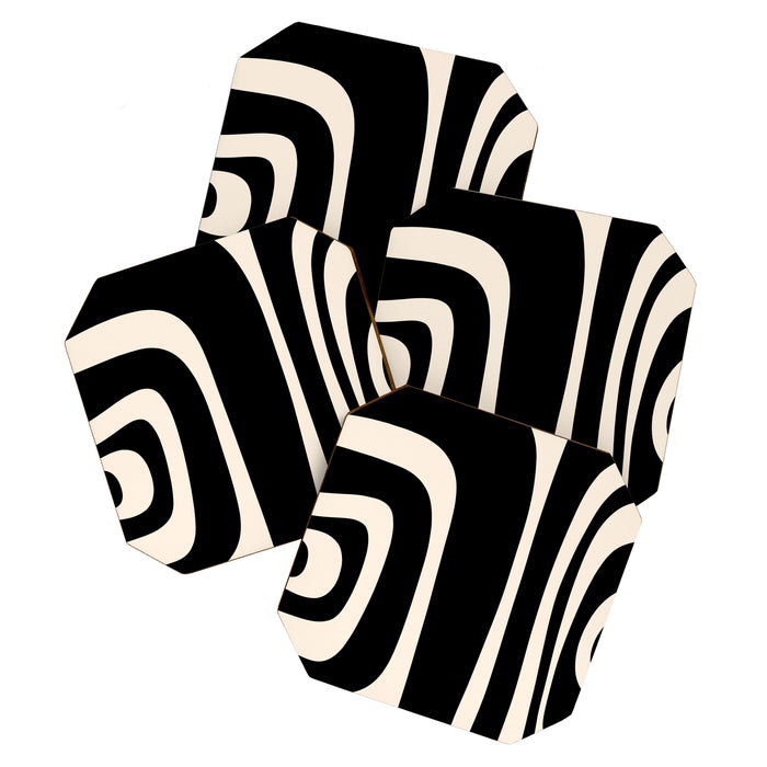 Tiki Minimalist Mid-Century Modern Abstract Pattern Black and Almond Cream Coaster Gallery Image 1