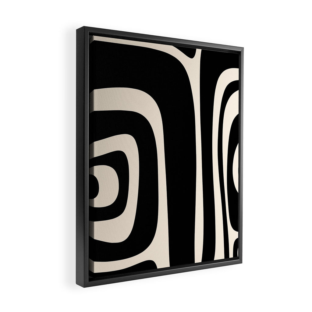 Tiki Minimalist Mid-Century Modern Abstract Pattern Black and Almond Cream Framed Canvas Print Gallery Image 2