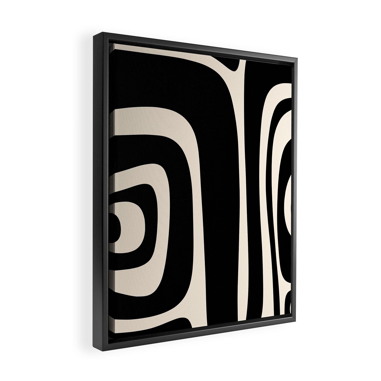 Tiki Minimalist Mid-Century Modern Abstract Pattern Black and Almond Cream Framed Canvas Print Gallery Image 2