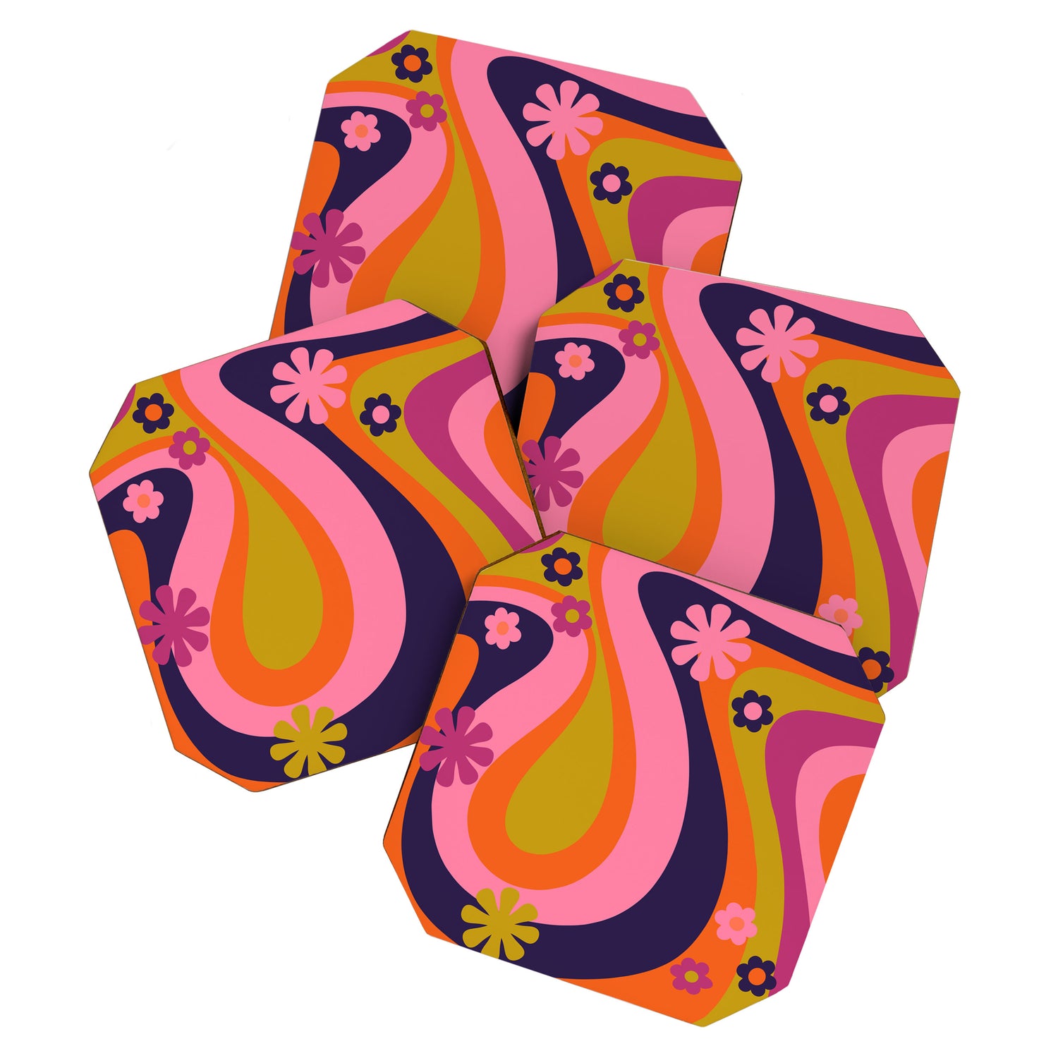 Too Groovy Retro Abstract Flower Power Pattern in Pink Lime Orange Magenta Blue Coaster Gallery Image 1