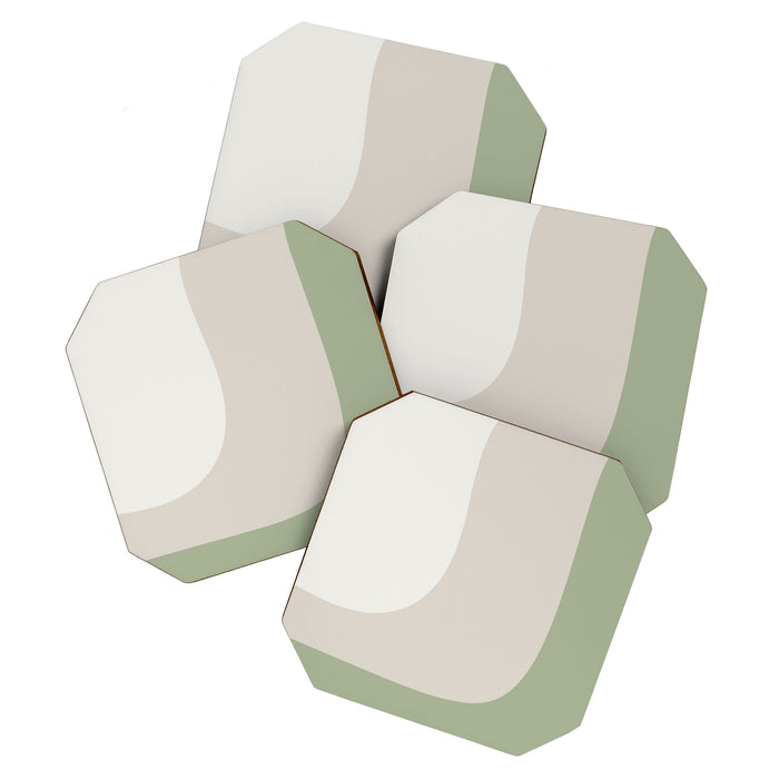Triple Wave Modern Minimalist Abstract Pattern in Sage Green, Beige, and Cream Coaster Gallery Image 1