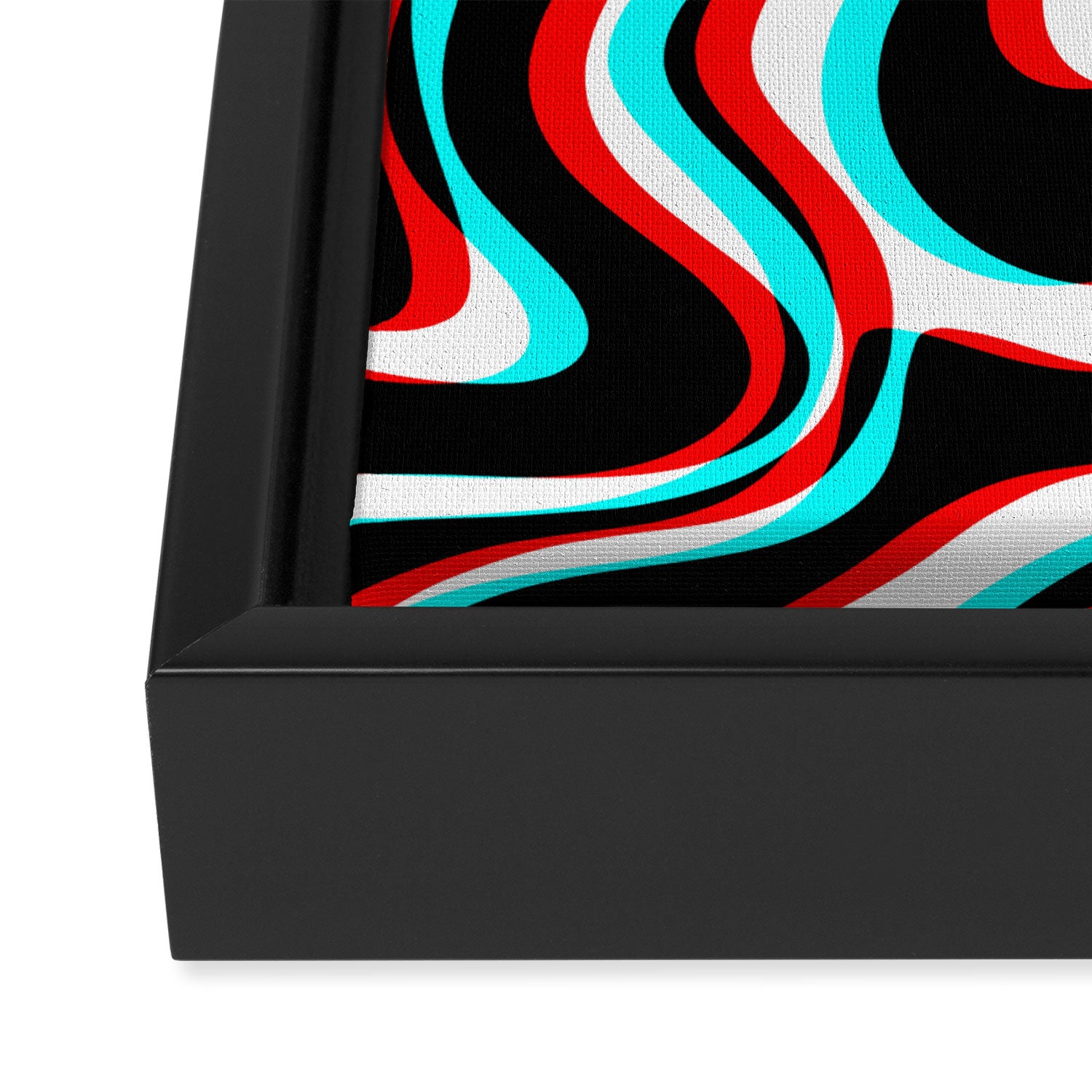 Trippy Glitch Retro Liquid Swirl Abstract Pattern Black White Red Cyan Framed Canvas Print Gallery Image 3