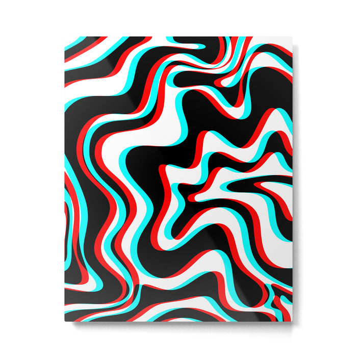 Trippy Glitch Retro Liquid Swirl Abstract Pattern Black White Red Cyan Metal Print Gallery Image 1