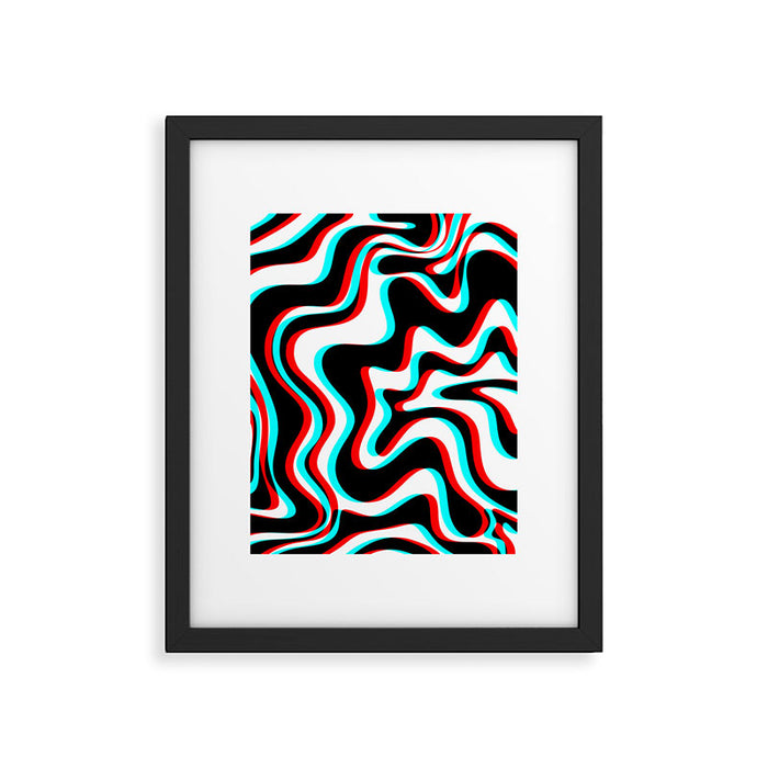 Trippy Glitch Retro Liquid Swirl Abstract Pattern Black White Red Cyan Framed Art Print Gallery Image 1