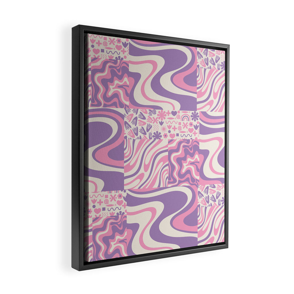 Trippy Patchwork Collage Retro Aesthetic Abstract Pattern Pink and Purple Framed Canvas Print Gallery Image 2