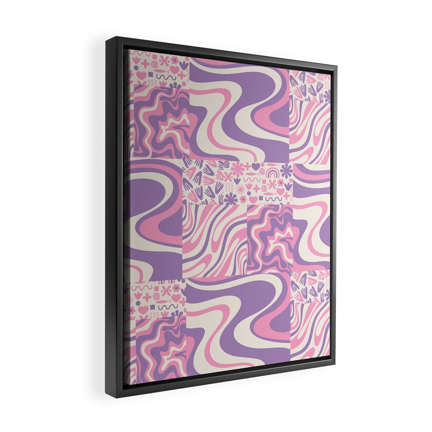Trippy Patchwork Collage Retro Aesthetic Abstract Pattern Pink and Purple Framed Canvas Print Gallery Image 2