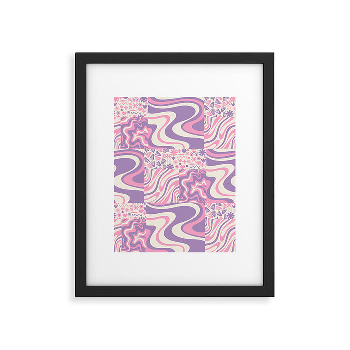 Trippy Patchwork Collage Retro Aesthetic Abstract Pattern Pink and Purple Framed Art Print Gallery Image 1