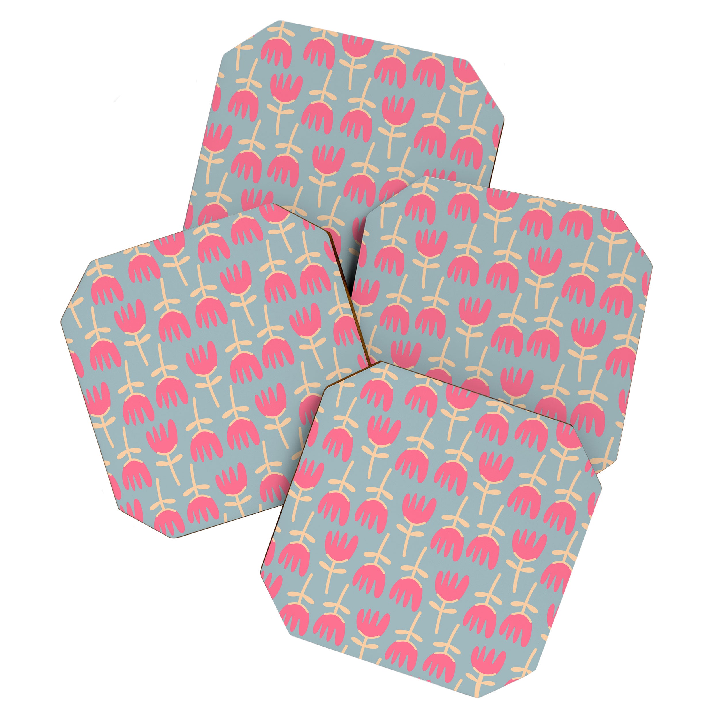 Tulips - Cheerful Scandi Floral Pattern in Pink, Apricot Cream, and Light Blue Coaster Gallery Image 1