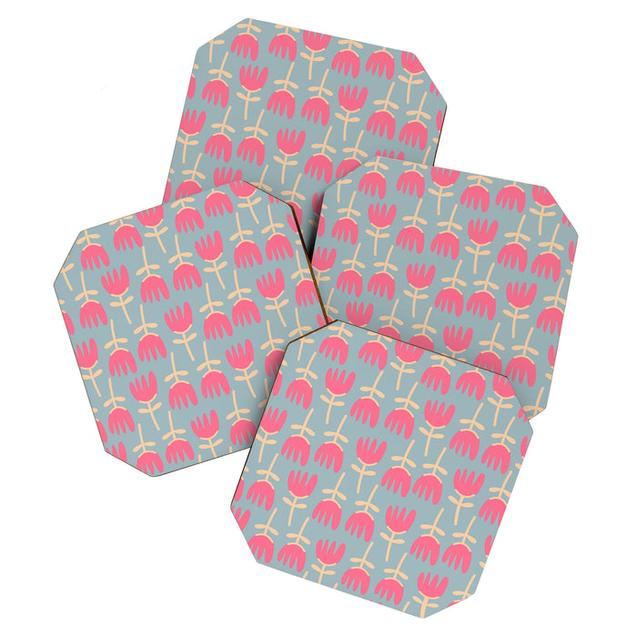 Tulips - Cheerful Scandi Floral Pattern in Pink, Apricot Cream, and Light Blue Coaster Gallery Image 1