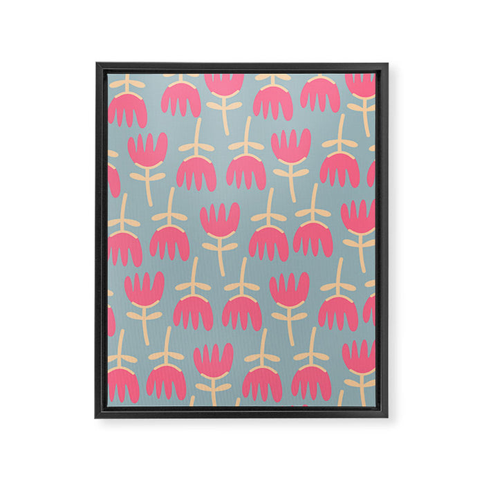Tulips - Cheerful Scandi Floral Pattern in Pink, Apricot Cream, and Light Blue Framed Canvas Print Gallery Image 1