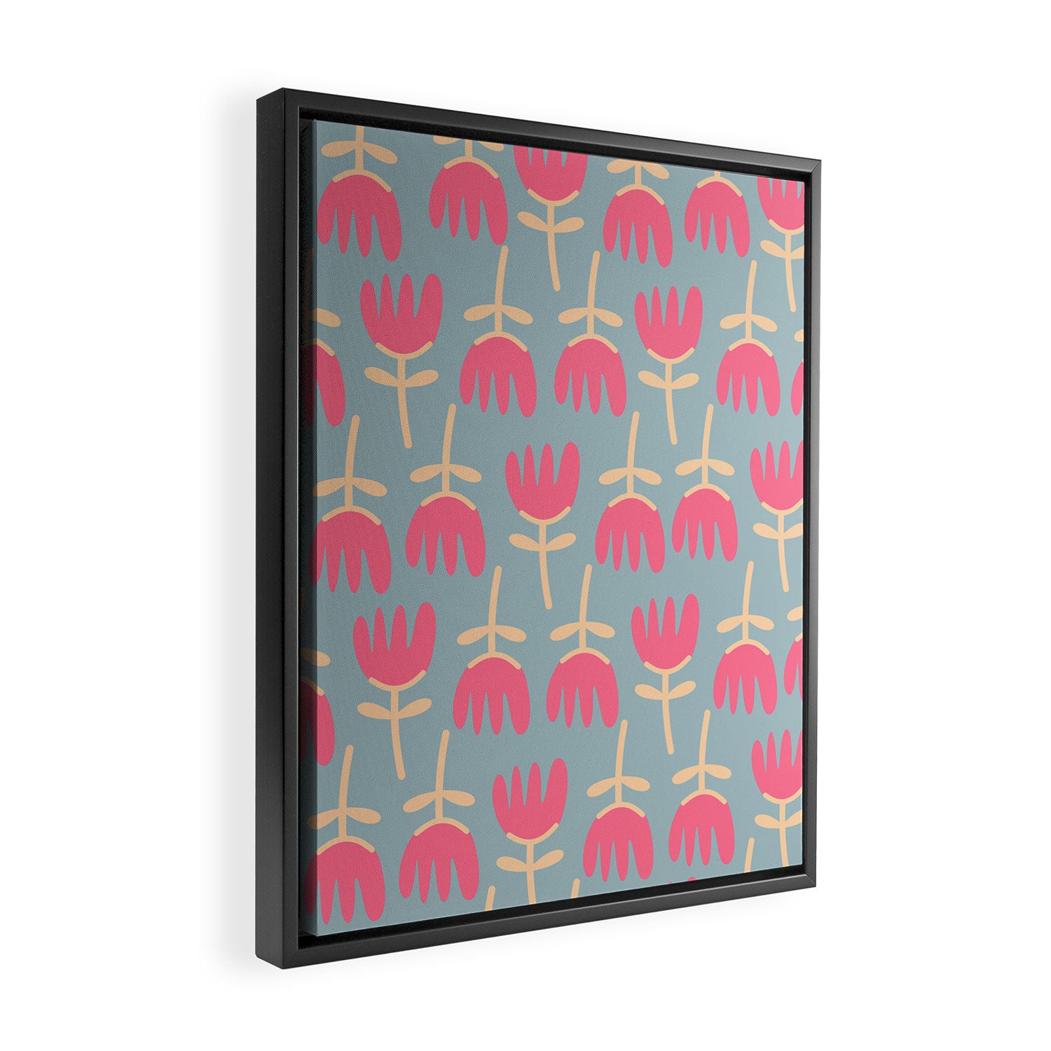 Tulips - Cheerful Scandi Floral Pattern in Pink, Apricot Cream, and Light Blue Framed Canvas Print Gallery Image 2