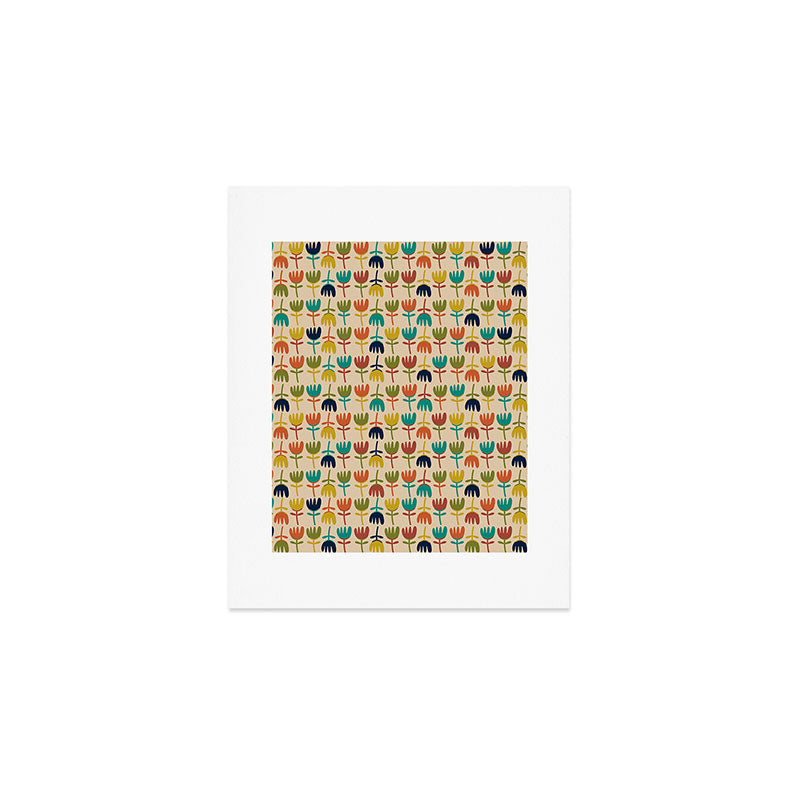Tulips - Cute Scandinavian Floral Pattern in Midcentury Modern Mustard, Teal, Olive, and Orange on Beige Art Print Gallery Image 1