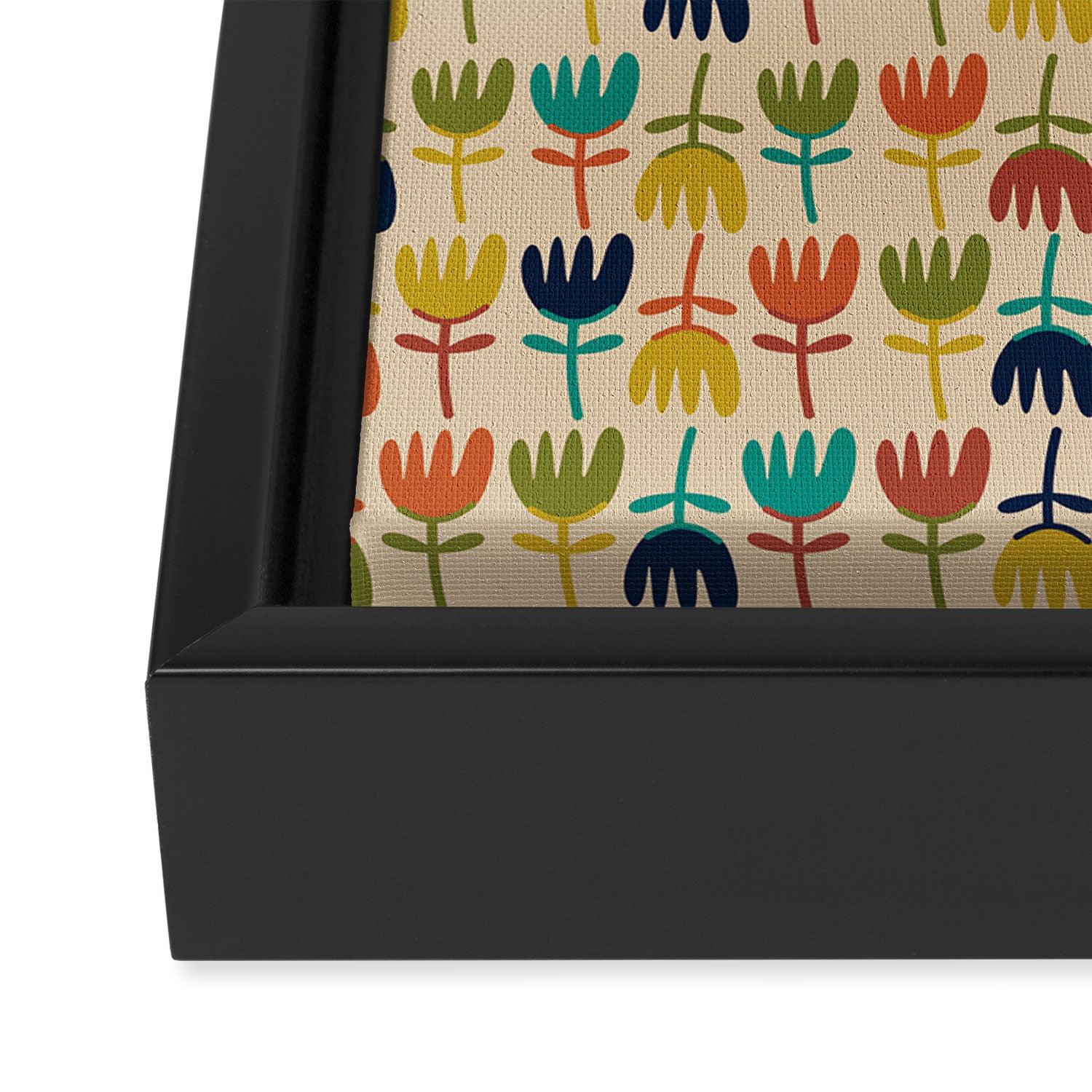 Tulips - Cute Scandinavian Floral Pattern in Midcentury Modern Mustard, Teal, Olive, and Orange on Beige Framed Canvas Print Gallery Image 3