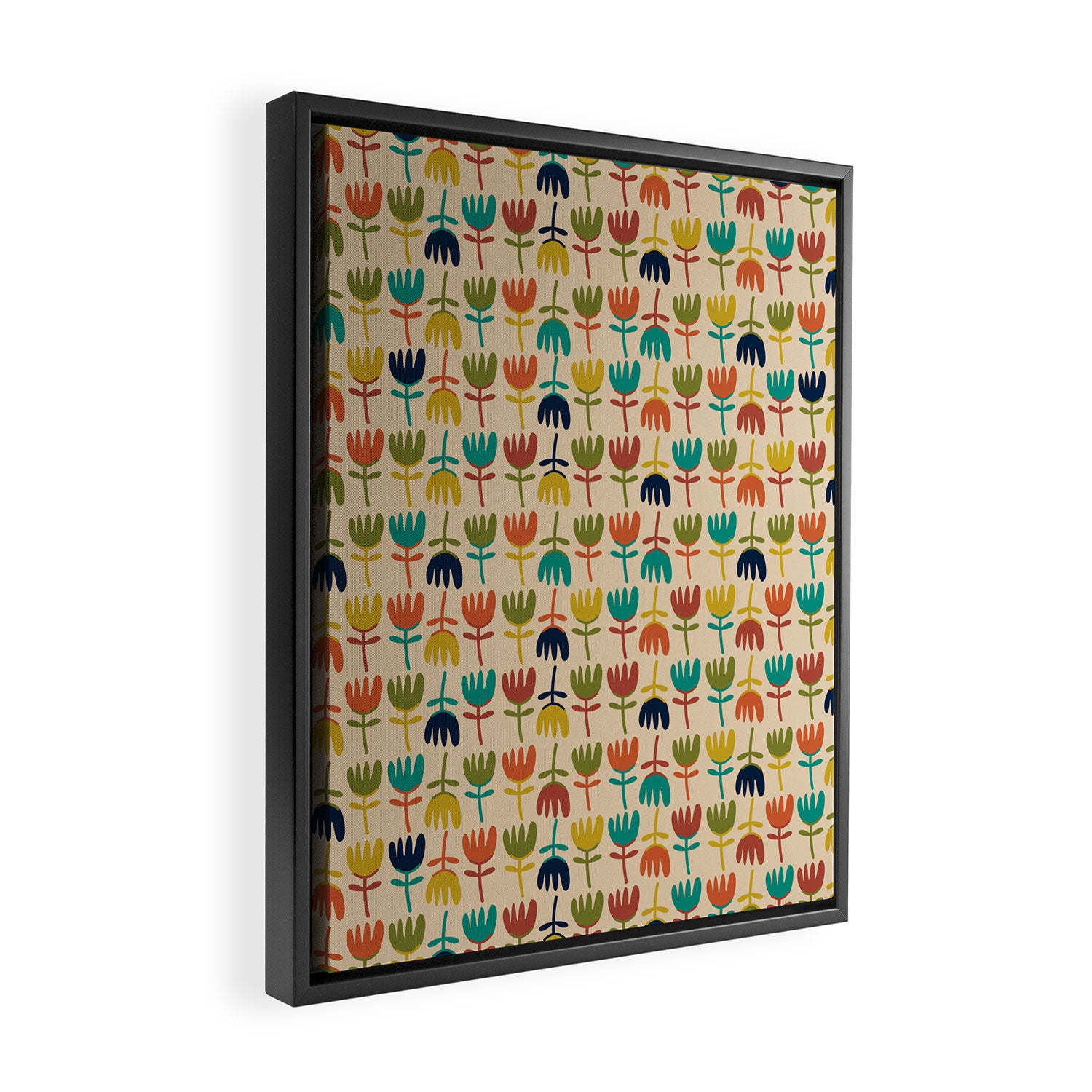 Tulips - Cute Scandinavian Floral Pattern in Midcentury Modern Mustard, Teal, Olive, and Orange on Beige Framed Canvas Print Gallery Image 2