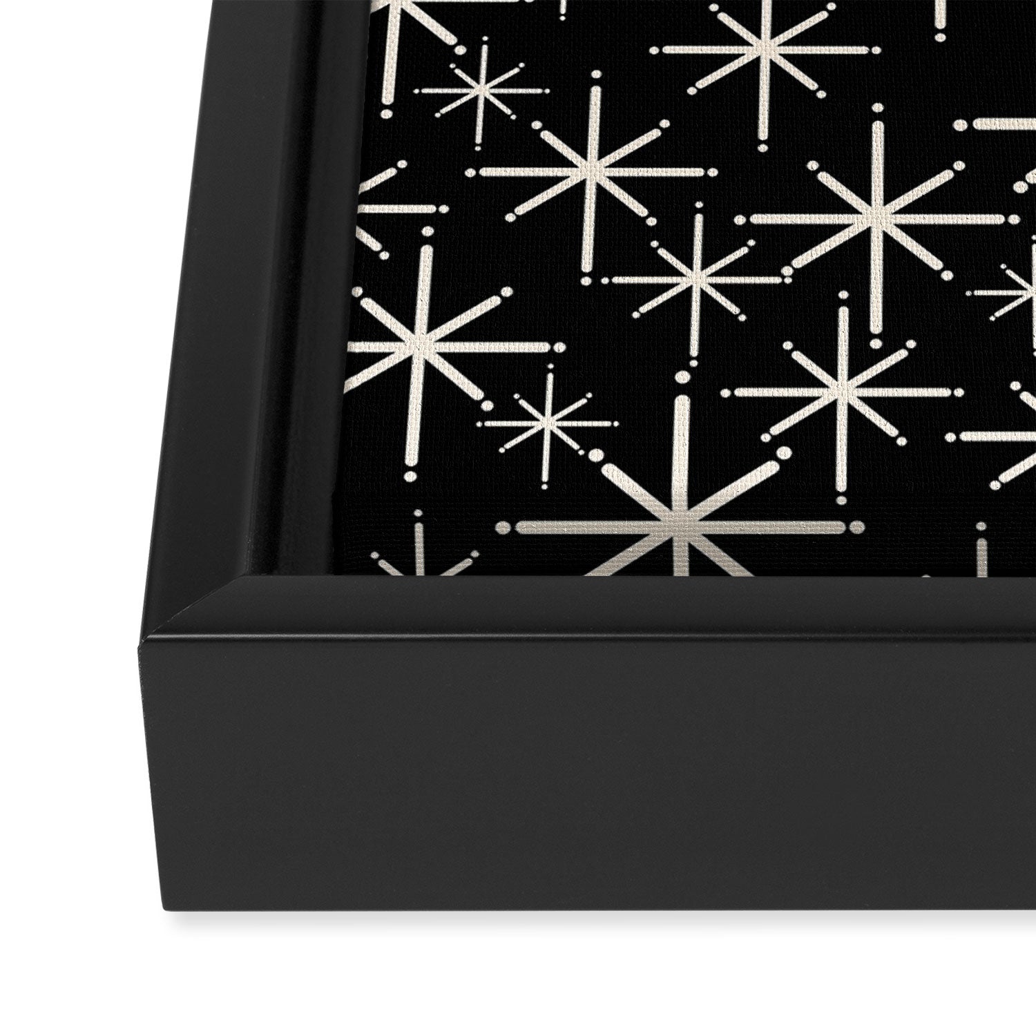 Twinkling Mid Century Modern Starburst Pattern Black and Cream Framed Canvas Print Gallery Image 3