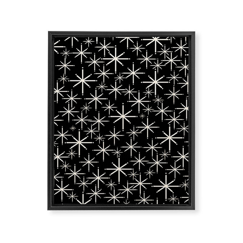 Twinkling Mid Century Modern Starburst Pattern Black and Cream Framed Canvas Print Gallery Image 8