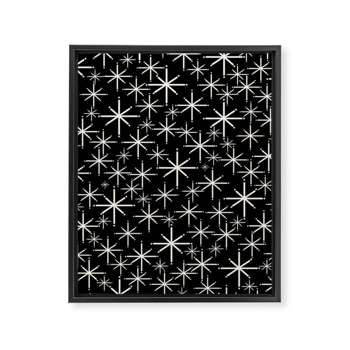 Twinkling Mid Century Modern Starburst Pattern Black and Cream Framed Canvas Print Gallery Image 1