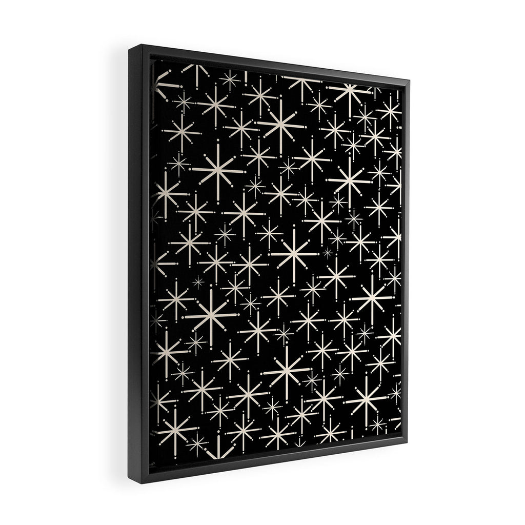 Twinkling Mid Century Modern Starburst Pattern Black and Cream Framed Canvas Print Gallery Image 2