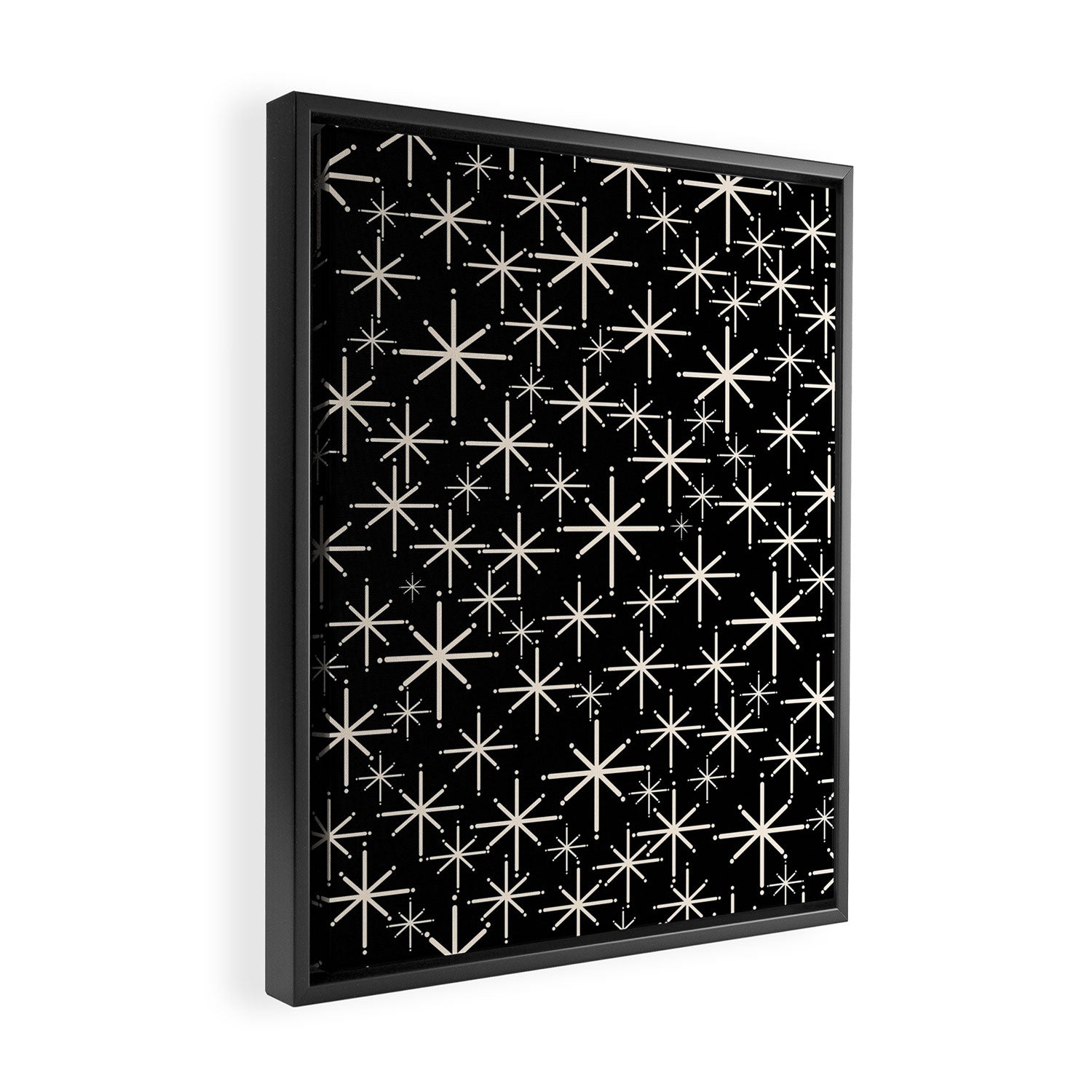Twinkling Mid Century Modern Starburst Pattern Black and Cream Framed Canvas Print Gallery Image 2