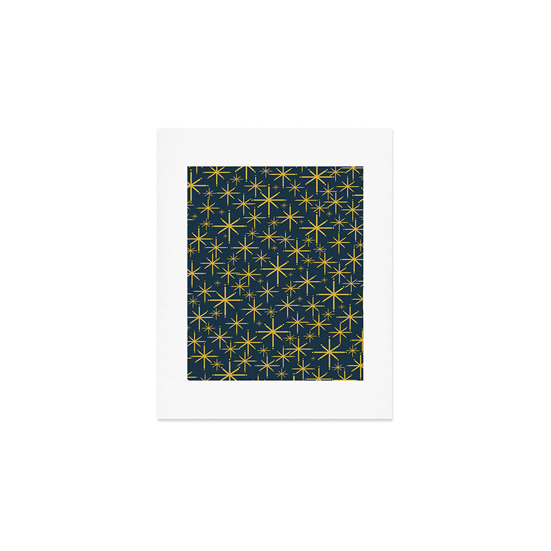 Twinkling Starbursts Mid Century Modern Atomic Pattern in Navy Blue and Light Mustard Art Print Gallery Image 1
